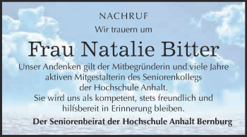 Traueranzeige von Natalie Bitter von Super Sonntag Bernburg