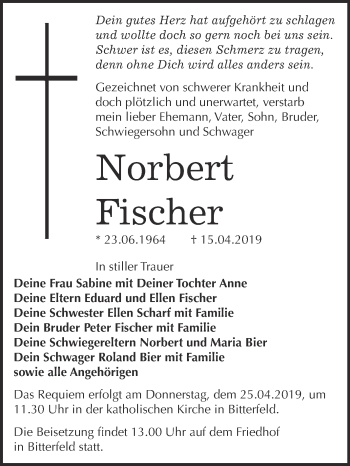 Traueranzeige von Norbert Fischer von WVG - Wochenspiegel Bitterfeld