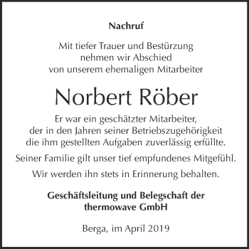 Traueranzeige von Norbert Röber von Super Sonntag SGH Mansf. Land