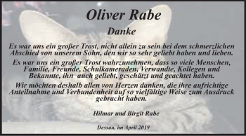 Traueranzeige von Oliver Rabe von WVG - Wochenspiegel Dessau / Köthen