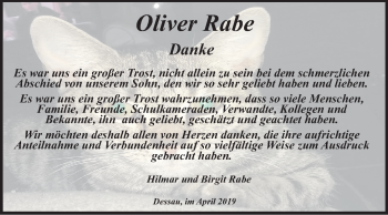 Traueranzeige von Oliver Rabe von Mitteldeutsche Zeitung Dessau-Roßlau