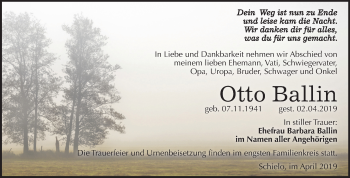 Traueranzeige von Otto Ballin von Mitteldeutsche Zeitung Quedlinburg