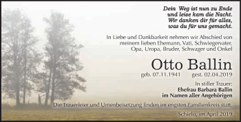Traueranzeige von Otto Ballin von WVG - Wochenspiegel Quedlinburg