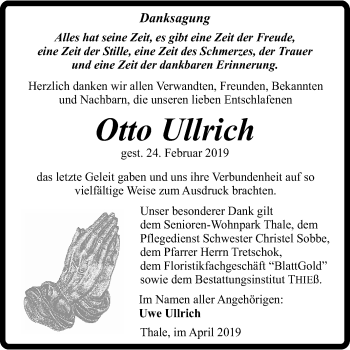 Traueranzeige von Otto Ullrich von Super Sonntag Quedlinburg