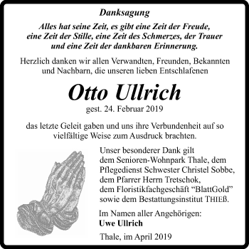Traueranzeige von Otto Ullrich von Mitteldeutsche Zeitung Quedlinburg