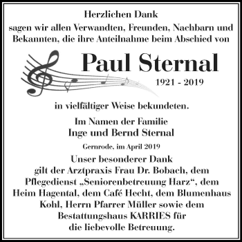 Traueranzeige von Paul Sternal von Mitteldeutsche Zeitung Quedlinburg
