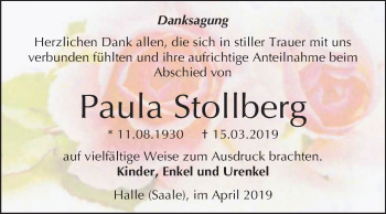 Traueranzeige von Paula Stollberg von Mitteldeutsche Zeitung Halle/Saalkreis