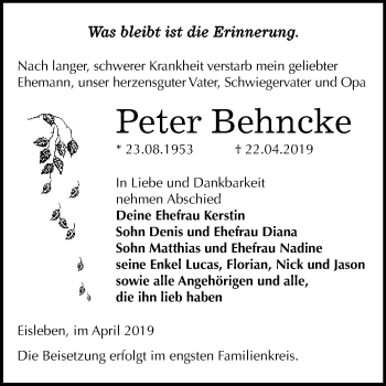 Traueranzeige von Peter Behncke von Super Sonntag SGH Mansf. Land