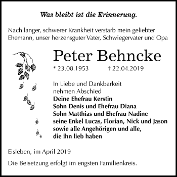 Traueranzeige von Peter Behncke von Mitteldeutsche Zeitung