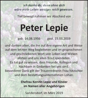 Traueranzeige von Peter Lepie von Mitteldeutsche Zeitung Bitterfeld