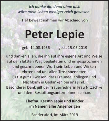 Traueranzeige von Peter Lepie von WVG - Wochenspiegel Bitterfeld