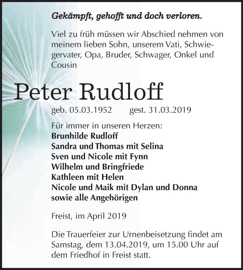  Traueranzeige für Peter Rudloff vom 06.04.2019 aus Super Sonntag SGH Mansf. Land