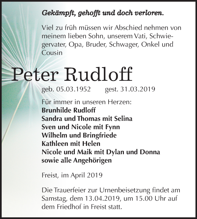  Traueranzeige für Peter Rudloff vom 06.04.2019 aus Mitteldeutsche Zeitung Aschersleben