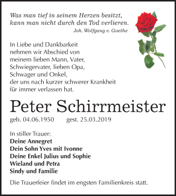 Traueranzeige von Peter Schirrmeister von Mitteldeutsche Zeitung Wittenberg