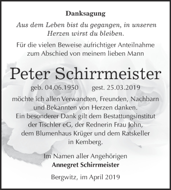 Traueranzeige von Peter Schirrmeister von WVG - Wochenspiegel Wittenberg