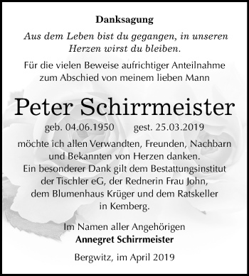 Traueranzeige von Peter Schirrmeister von Mitteldeutsche Zeitung