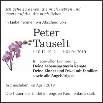 Traueranzeige von Peter Tauselt von Super Sonntag Aschersleben