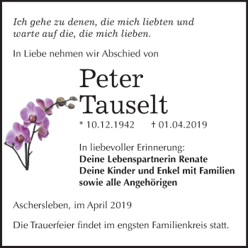 Traueranzeige von Peter Tauselt von Mitteldeutsche Zeitung Aschersleben