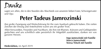 Traueranzeige von Peter Tadeus Jamrozinski von Mitteldeutsche Zeitung Mansfelder Land