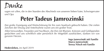 Traueranzeige von Peter Tadeus Jamrozinski von Wochenspiegel Mansfelder Land