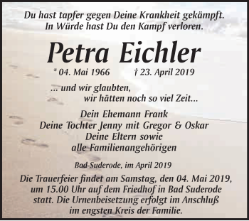 Traueranzeige von Petra Eichler von WVG - Wochenspiegel Quedlinburg