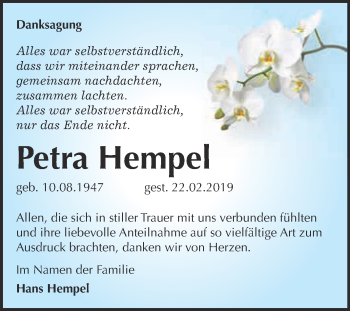 Traueranzeige von Petra Hempel von WVG - Wochenspiegel NMB / WSF / ZTZ