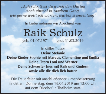 Traueranzeige von Raik Schulz von Mitteldeutsche Zeitung Bitterfeld