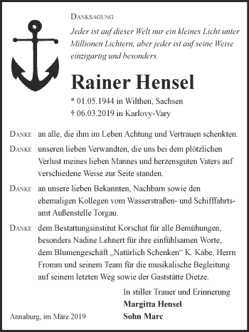 Traueranzeige von Rainer Hensel von WVG - Wochenspiegel Wittenberg