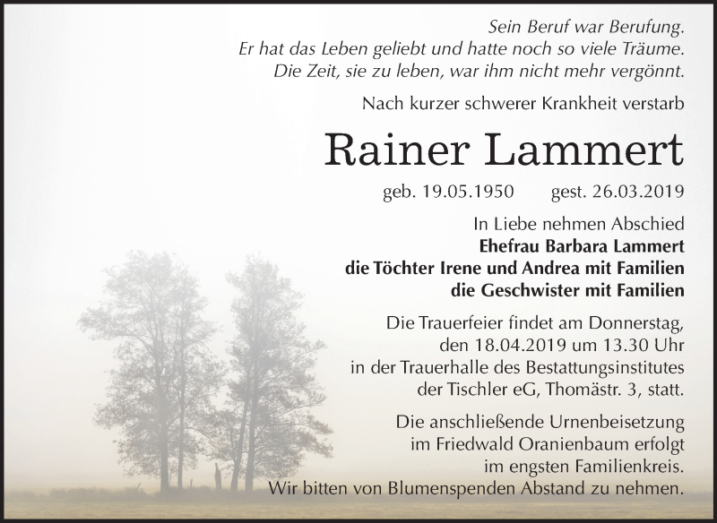  Traueranzeige für Rainer Lammert vom 06.04.2019 aus Mitteldeutsche Zeitung Wittenberg