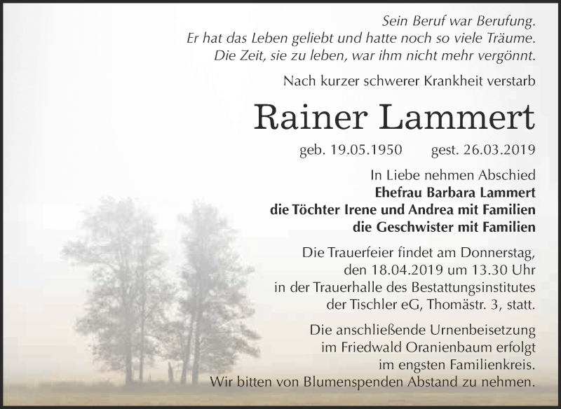  Traueranzeige für Rainer Lammert vom 01.04.2019 aus WVG - Wochenspiegel Wittenberg
