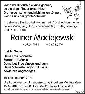 Traueranzeige von Rainer Maciejewski von WVG - Wochenspiegel NMB / WSF / ZTZ