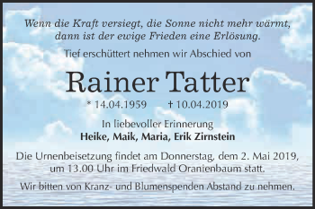 Traueranzeige von Rainer Tatter von Super Sonntag Wittenberg