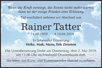Traueranzeige von Rainer Tatter von Mitteldeutsche Zeitung Wittenberg