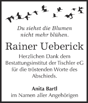 Traueranzeige von Rainer Ueberick von WVG - Wochenspiegel Wittenberg