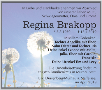 Traueranzeige von Regina Brakopp von Mitteldeutsche Zeitung