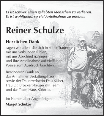 Traueranzeige von Reiner Schulze von WVG - Wochenspiegel Dessau / Köthen