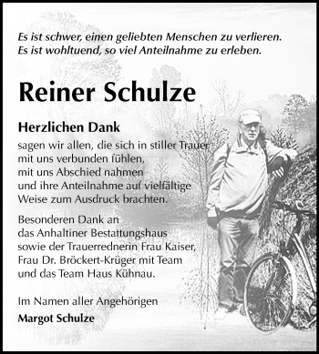 Traueranzeige von Reiner Schulze von Mitteldeutsche Zeitung Dessau-Roßlau