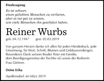 Traueranzeige von Reiner Wurbs von Mitteldeutsche Zeitung Wittenberg