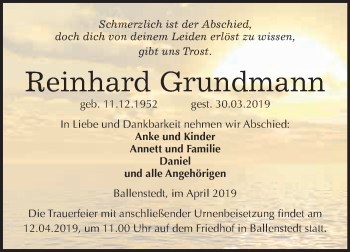 Traueranzeige von Reinhard Grundmann von WVG - Wochenspiegel Quedlinburg