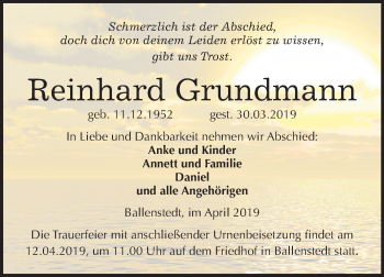 Traueranzeige von Reinhard Grundmann von Mitteldeutsche Zeitung Quedlinburg
