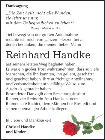 Traueranzeige von Reinhard Handke von Mitteldeutsche Zeitung Sangerhausen