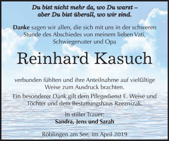 Traueranzeige von Reinhard Kasuch von Super Sonntag SGH Mansf. Land
