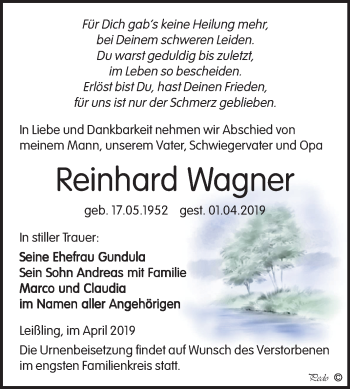 Traueranzeige von Reinhard Wagner von Mitteldeutsche Zeitung Weißenfels