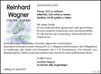 Traueranzeige von Reinhard Wagner von Mitteldeutsche Zeitung Weißenfels