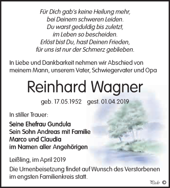 Traueranzeige von Reinhard Wagner von WVG - Wochenspiegel NMB / WSF / ZTZ