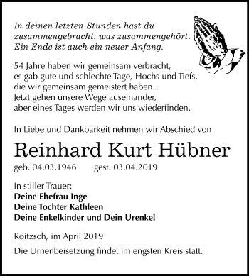 Traueranzeige von Reinhard Kurt Hübner von Mitteldeutsche Zeitung Bitterfeld