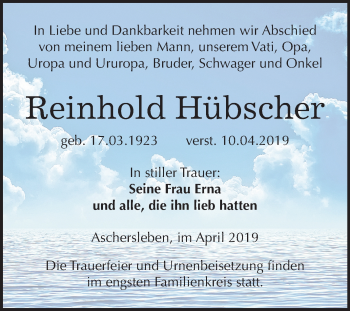 Traueranzeige von Reinhold Hübscher von Mitteldeutsche Zeitung Aschersleben