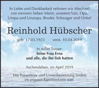 Traueranzeige von Reinhold Hübscher von Super Sonntag Aschersleben