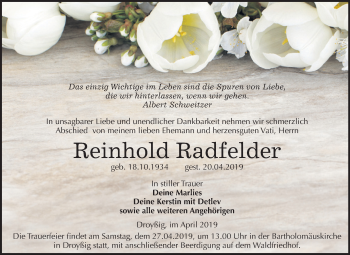 Traueranzeige von Reinhold Radfelder von Mitteldeutsche Zeitung Zeitz