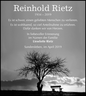 Traueranzeige von Reinhold Rietz von Mitteldeutsche Zeitung Mansfelder Land